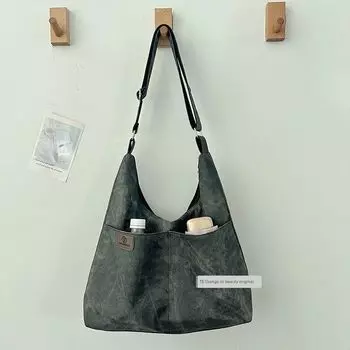 Retro Denim Soft Leather Large Capacity Commuter Bag Women Shoulder Tote Bag Simple Multi-Pocket Student Class Messenger Bag Black without pendant