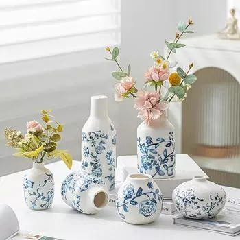 Ретро-деревенское украшение для дома Элегантная сине-белая керамическая ваза