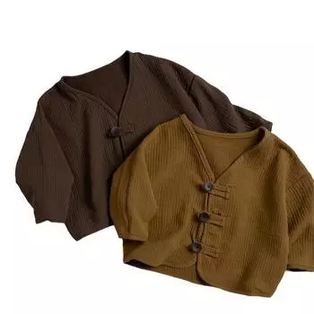 Ретро детская корейская весна осень хлопковая конопляная куртка кардиган детская художественная одежда 130cm дубильная кора