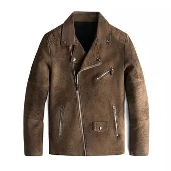 Ретро диагональная молния стираная кожаная куртка мужская плюс бархат осень и зима новый красивый костюм мужская куртка куртка L чёрный