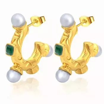Retro Diamond-set Pearl Stainless Steel Earrings Light Luxury Asymmetrical Trend C-Shaped Women s Earrings 18K
