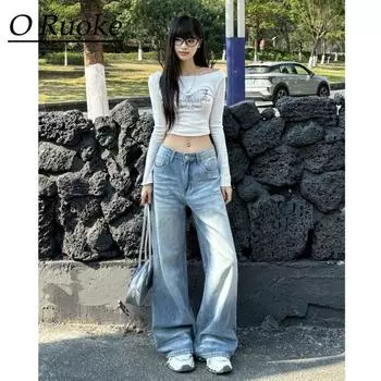 Retro Distressed Light Blue Washed Creases Jeans Women High Waist Loose Slimming Straight Drape Wide Leg Mopping Pants Light blue pants S