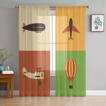 Ретро-дизайн иконок самолетов, прозрачные занавески для гостиной, спальни, вуалевые занавески для окна, занавески из органзы, праздничные тюль-шторы 135W x 114H(cm)