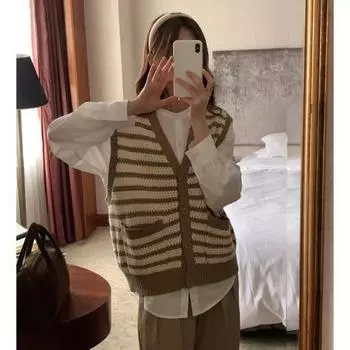 Ретро-дизайн, контрастная полоска, ажурный вязаный кардиган, свитер, женский однобортный свитер с v-образным вырезом, верхняя одежда, свитер, жилет One Size чёрный