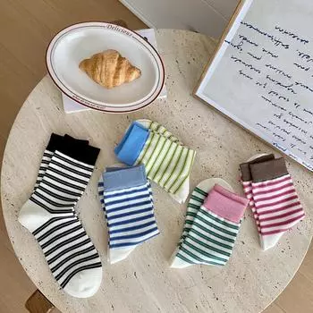 Ретро-дизайн, модный студенческий стиль - весенние и летние полосатые носки из гребенного хлопка средней длины для женщин One Size