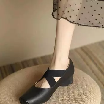 Ретро-дизайнерские балетки Мэри Джейн с резинкой и квадратным носком, удобные туфли на мягкой подошве для мам на среднем каблуке 35 чёрный