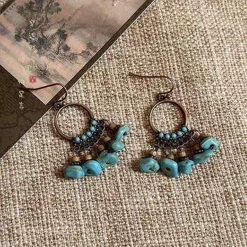 Ретро Длинные Кисточки Женские Серьги Бирюзовые Bronze Shake Lining Tassel Earrings