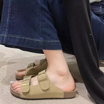 Retro double belt buckle slippers women s 2024 summer new leisure vacation wind flat bottom one word large size cool slippers women 35 верблюд