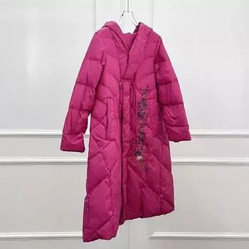 Retro down jacket women s 2024 winter new ethnic style slim-fitting knee-length white duck down jacket M хаки