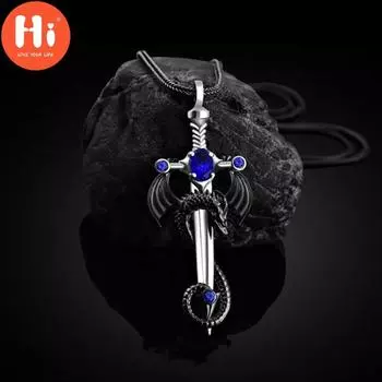 Ретро Драконий Меч Кулон Ожерелье Мужская Мода Изысканное Ожерелье Викинг Аниме Ювелирные Аксессуары Подарок на Хэллоуин Уникальный Дизайн Тенденция Мужской Кулон синий