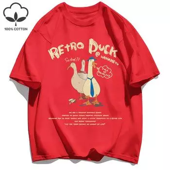 Retro Duck Print Mens T-Shirts Loose Cotton Breathable Short Sleeve Trendy Clothes Summer Soft Unisex Basics Top S