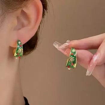 Ретро Дворцовый Стиль Зеленая Эмаль Жемчужный Цветок Мода Джокер Стад Женский