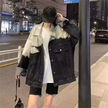 Ретро-джинсовая куртка с постепенным изменением цвета в стиле тай-дай, мужская американская торговая марка Tide, фрид-стрит-тренд, свободная куртка-хулиганка, красивая, с инструментами, верхняя часть Tide S чёрный