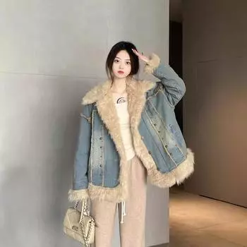 Ретро джинсовая куртка женская меховой воротник зимняя утепленная одежда из утолщенного хлопка универсальная свободная студенческая кардиган топ модный S recommends 47.5kg or less