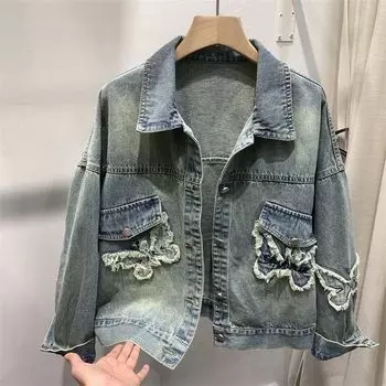 Ретро джинсовая куртка женская осенняя бабочка Burr Top новый дизайн модная брендовая свободная куртка S
