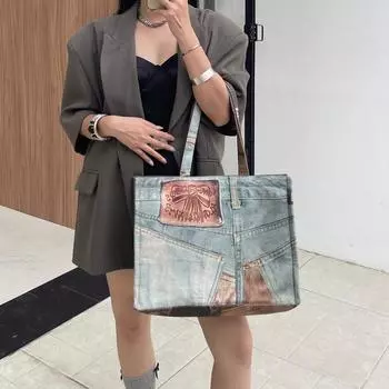 Ретро-джинсовая масляная живопись сращивание большой емкости сумка европейский и американский нишевый дизайн шелкографии