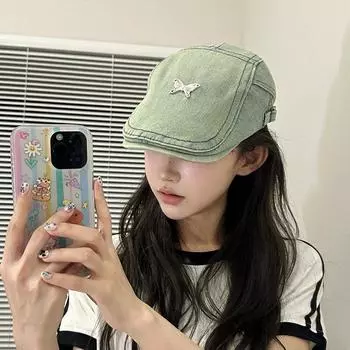 Ретро-джинсовая шляпа вперед, осенний женский сезон, гонконгский стиль, берет, студентка, ракушка, показывающая лицо, шляпа маленького художника M56-58cm