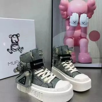 Ретро джинсовая ткань с высоким берцем универсальная модная повседневная обувь для женщин новая весенняя коллекция корейские кроссовки на толстой подошве для занятий спортом на доске 35 синий