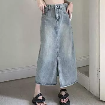 Ретро джинсовая юбка с разрезом для женщин на осень новая средней длины с высокой посадкой облегающая эластичная талия А-силуэт S синий