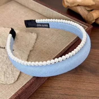 Ретро джинсово-синяя жемчужная двухслойная повязка на голову для девочки, изысканный обруч для волос, женственная темпераментная повязка для волос, модные женские аксессуары для волос