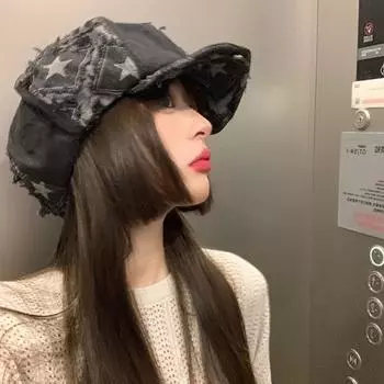 Ретро джинсовые береты кепка Y2K женская художественная шляпа повседневная восьмиугольная шляпа школьная чёрный