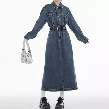 Ретро джинсовый костюм платье женское весеннее цельное с длинными рукавами женская длинная юбка с разрезом на талии XL синий