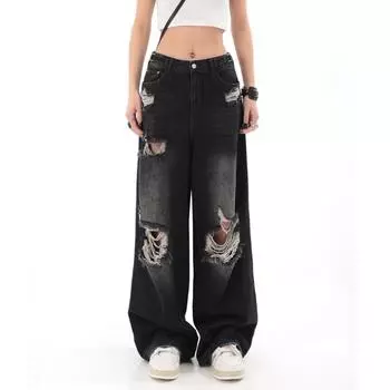 Ретро-джинсы High Street Ripped для женщин, осенние прямые свободные брюки в пол, широкие брюки, уличная одежда для женщин XXXL чёрный