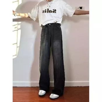 Ретро джинсы мужские осенние новые стильные взрывные уличные хулиганские красивые повседневные брюки для подростков свободные прямые широкие мужские брюки S чёрный