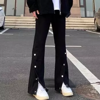 Ретро джинсы мужские осенние новые стильные взрывные уличные хулиганские красивые повседневные брюки для подростков свободные прямые широкие мужские брюки S чёрный