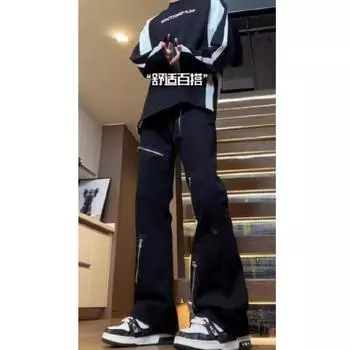 Ретро джинсы мужские осенние новые стильные взрывные уличные хулиганские красивые повседневные брюки для подростков свободные прямые широкие мужские брюки S