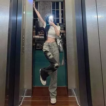 Ретро джинсы мужские осенние новые стильные взрывные уличные хулиганские красивые повседневные брюки для подростков свободные прямые широкие мужские брюки S синий