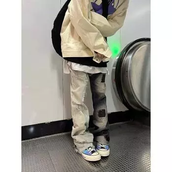 Ретро джинсы мужские осенние новые стильные взрывные уличные хулиганские красивые повседневные брюки для подростков свободные прямые широкие мужские брюки S синий