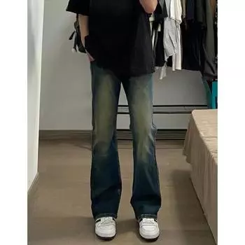 Ретро джинсы мужские осенние новые стильные взрывные уличные хулиганские красивые повседневные брюки для подростков свободные прямые широкие мужские брюки S синий