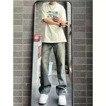 Ретро джинсы мужские осенние новые стильные взрывные уличные хулиганские красивые повседневные брюки для подростков свободные прямые широкие мужские брюки S синий