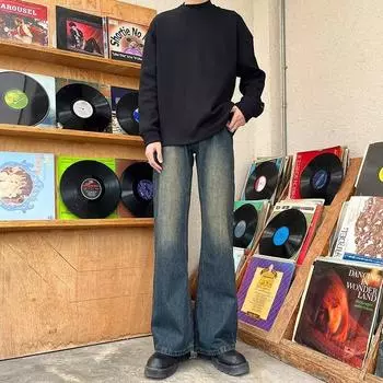 Ретро джинсы мужские осенние новые стильные взрывные уличные хулиганские красивые повседневные брюки для подростков свободные прямые широкие мужские брюки S синий