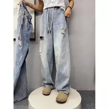 Ретро джинсы мужские осенние новые стильные взрывные уличные хулиганские красивые повседневные брюки для подростков свободные прямые широкие мужские брюки S синий