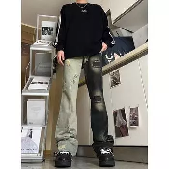 Ретро джинсы мужские осенние новые стильные взрывные уличные хулиганские красивые повседневные брюки для подростков свободные прямые широкие мужские брюки S синий