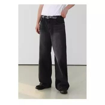 Ретро джинсы мужские осенние новые стильные взрывные уличные хулиганские красивые повседневные брюки для подростков свободные прямые широкие мужские брюки S чёрный