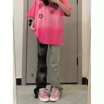 Ретро джинсы мужские осенние новые стильные взрывные уличные хулиганские красивые повседневные брюки для подростков свободные прямые широкие мужские брюки S синий