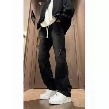 Ретро джинсы мужские осенние новые стильные взрывные уличные хулиганские красивые повседневные брюки для подростков свободные прямые широкие мужские брюки S синий