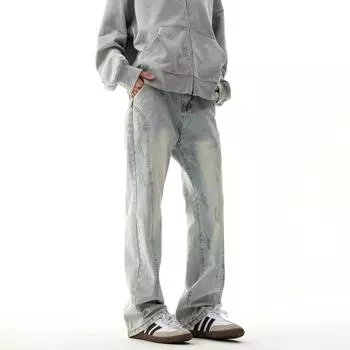 Ретро джинсы мужские осенние новые стильные взрывные уличные хулиганские красивые повседневные брюки для подростков свободные прямые широкие мужские брюки S светло-синий