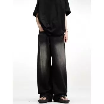 Ретро джинсы мужские осенние новые стильные взрывные уличные хулиганские красивые повседневные брюки для подростков свободные прямые широкие мужские брюки S чёрный