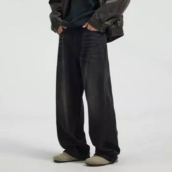 Ретро джинсы мужские осенние новые стильные взрывные уличные хулиганские красивые повседневные брюки для подростков свободные прямые широкие мужские брюки S чёрный