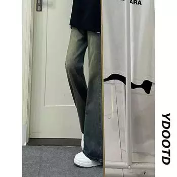 Ретро джинсы мужские осенние новые стильные взрывные уличные хулиганские красивые повседневные брюки для подростков свободные прямые широкие мужские брюки S синий