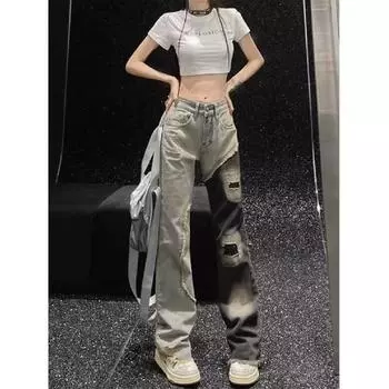 Ретро джинсы мужские осенние новые стильные взрывные уличные хулиганские красивые повседневные брюки для подростков свободные прямые широкие мужские брюки S синий