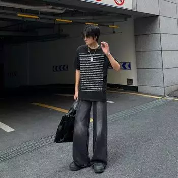 Ретро джинсы мужские осенние новые стильные взрывные уличные хулиганские красивые повседневные брюки для подростков свободные прямые широкие мужские брюки S чёрный