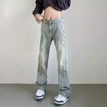 Ретро джинсы мужские осенние новые стильные взрывные уличные хулиганские красивые повседневные брюки для подростков свободные прямые широкие мужские брюки S светло-синий
