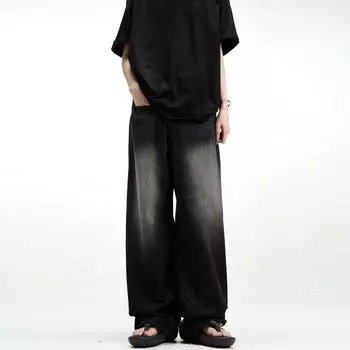 Ретро джинсы мужские осенние новые стильные взрывные уличные хулиганские красивые повседневные брюки для подростков свободные прямые широкие мужские брюки S чёрный