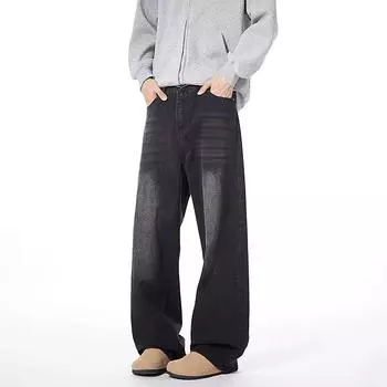 Ретро джинсы мужские осенние новые стильные взрывные уличные хулиганские красивые повседневные брюки для подростков свободные прямые широкие мужские брюки S чёрный