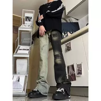 Ретро джинсы мужские осенние новые стильные взрывные уличные хулиганские красивые повседневные брюки для подростков свободные прямые широкие мужские брюки S синий